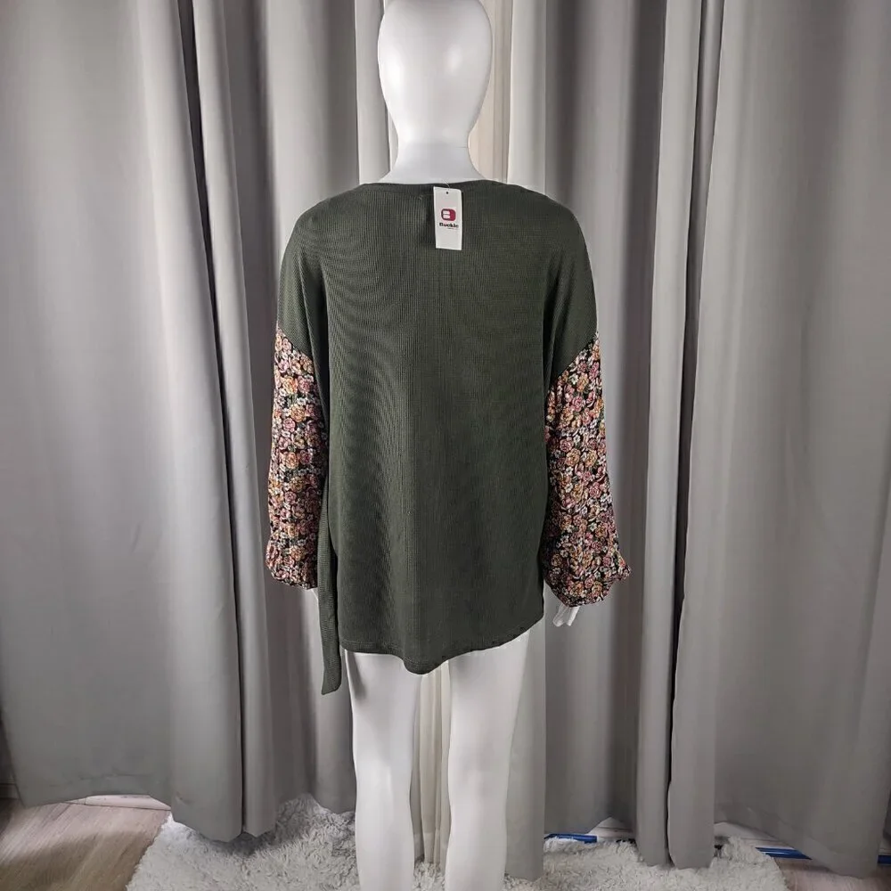 Daytrip Dusty Olive Mixed Media Free Spirit Floral Sleeve Side Tie Top Sz S (NWT - Picture 5 of 14